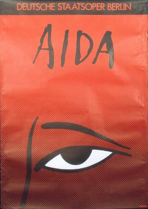 a red bag with a black text and eye