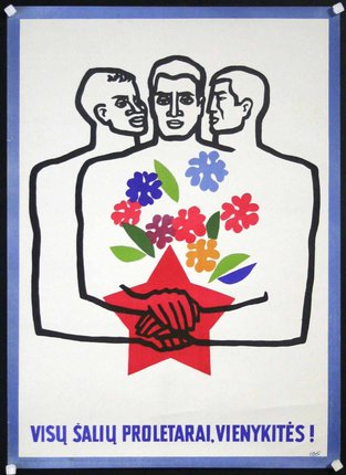 a poster with three men holding flowers