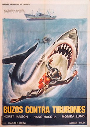 a poster of a diver attacking a shark