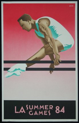 a poster of a man jumping over bars