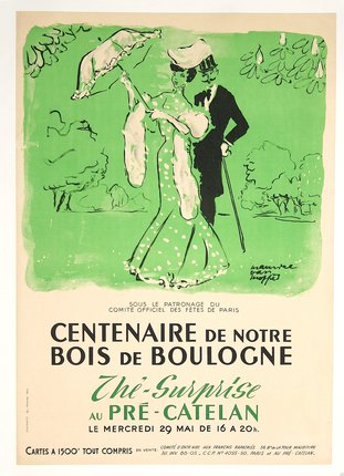 a green and black poster with a man and woman in a dress