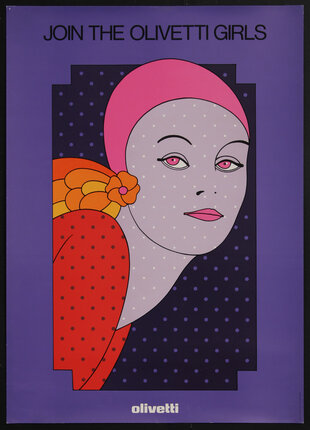 poster with an illustration of a woman's in a pink scarf around her head and polka dots over the image