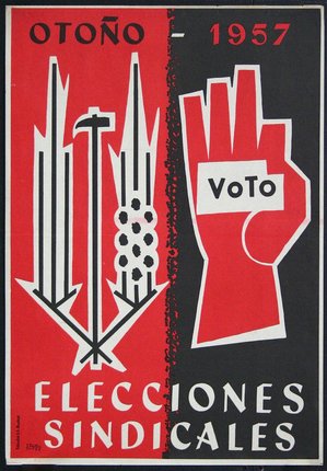 a red and black poster with black and white symbols