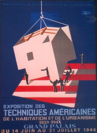 a poster with people working on a building