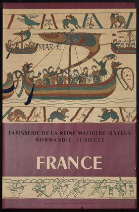 poster with an illustration of 11 century tapestry of warriors on a ship