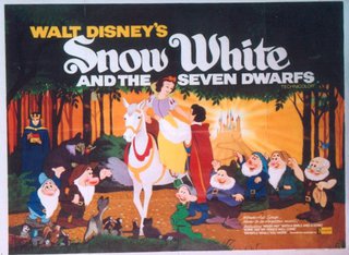 a poster with a cartoon of a snow white and the seven dwarfs