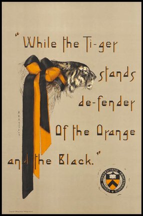 a poster with a tiger head and a black and yellow ribbon