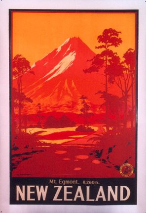 a poster with a mountain in the background