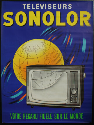 a poster with a television and a globe