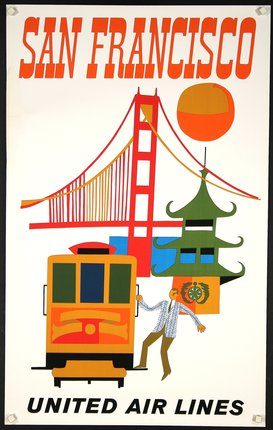 a poster with a man walking on a bridge