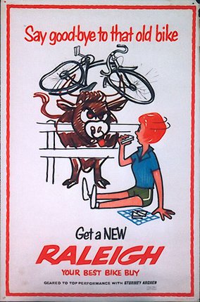 a poster of a person sitting at a table with a bull