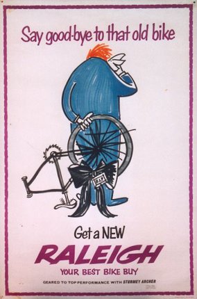 a cartoon of a man holding a bicycle