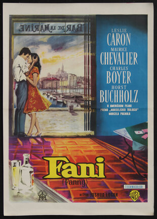 a movie poster with a young couple kissing in a door frame with a harbor in the distance and tile flooring in the foreground