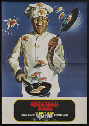 movie poster with a chef making a mess while flipping sunny side up eggs from two pans