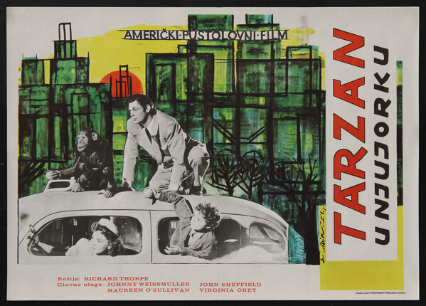 a movie poster with a man sitting on a car with a monkey and a city skyline rendered in a drawing in the background