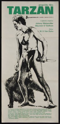poster of a man in a loin cloth holding a knife with an orangoutang at this feet