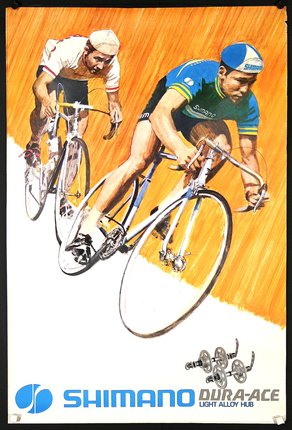 a poster of two men riding bicycles