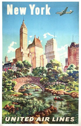 a poster of a city with a bridge over a river