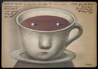 a drawing of a face with a cup of coffee