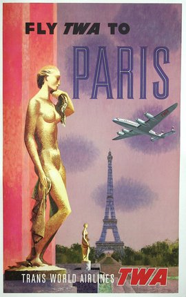 a poster of a woman in a gold statue and a plane