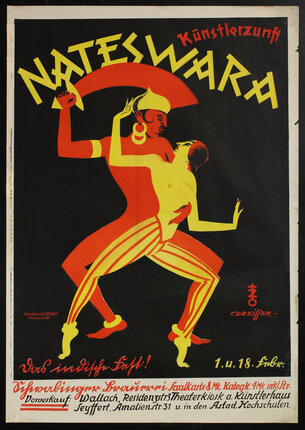 stylized poster illustration of a couple dancing: the unclothed man holds up a curved sword and embraces the bare-chested woman in front of him.