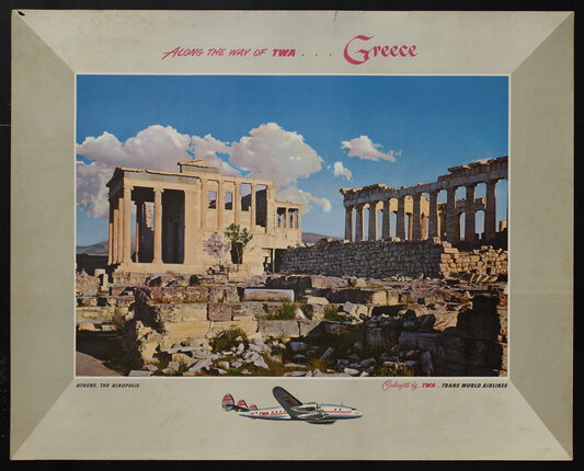 poster with an old building with columns