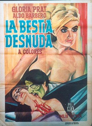 a movie poster with a woman biting a man