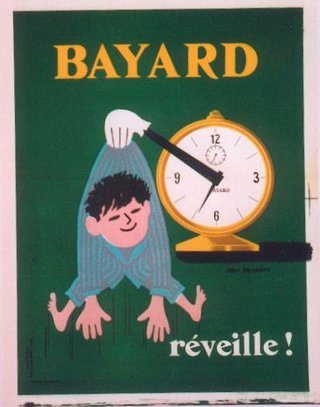 a green and white poster with a boy holding a clock