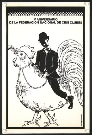 a black and white poster with a man riding a rooster