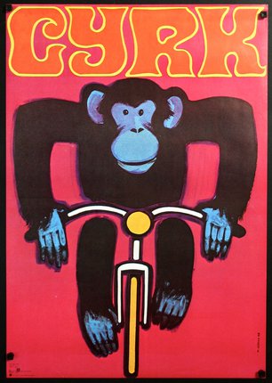a poster of a monkey riding a bicycle