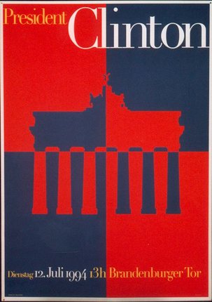 a red and blue poster with a building and columns