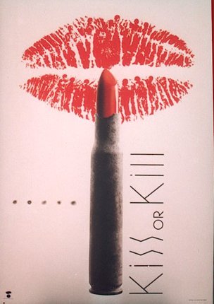 a poster with a lipstick and a bullet print