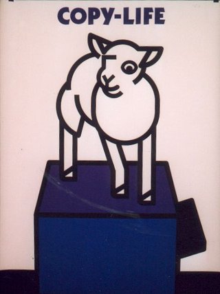 a logo of a sheep on a blue box