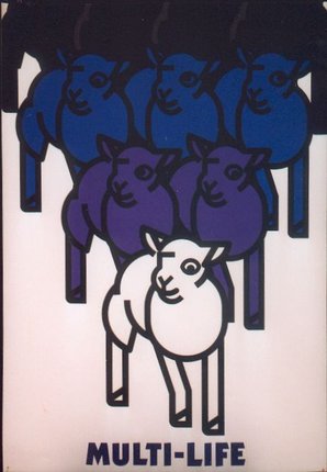 a group of sheep with blue and purple sheep