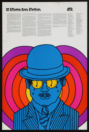 a poster of a man with a hat and glasses