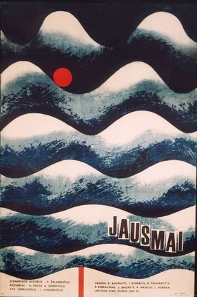 a poster with waves and a red sun