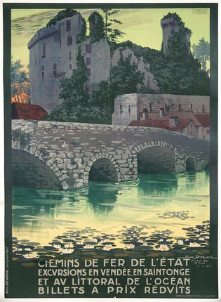 a poster of a castle and a bridge