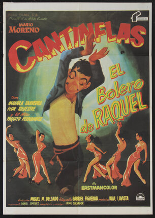 illustrated movie poster with a dancing caricature (with a long torso) of the comedian Cantinflas.