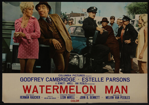 Movie poster with a group of people standing next to a car