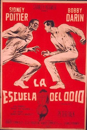 a red and white poster with two men dancing