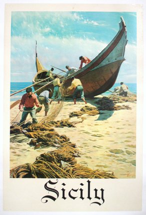 a poster of men working on a boat