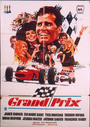 a poster of a man smiling with a race car and people