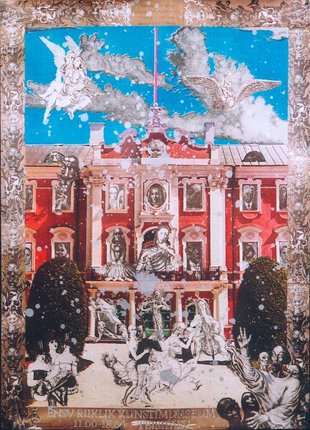 a painting of a building with angels and a flag