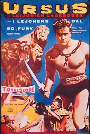 a poster of a man with a sword and lions