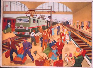 a painting of people at a train station