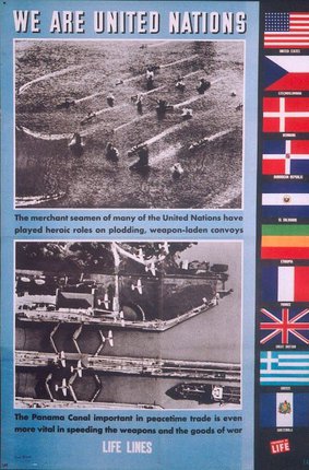a poster with flags and a ship