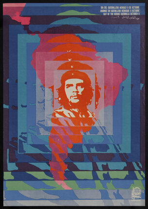 poster with Che Guevara in a beret in front of the South American continent.