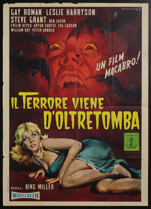 a movie poster with a woman in a night dress crouching away from a scary looming face and bats above her