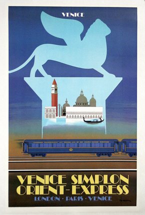 a poster of a train going through venice
