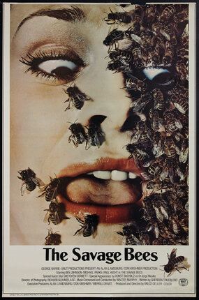 Horror movie poster with a woman's frightened, open-mouthed face half covered in bees